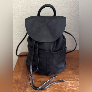 COS Unstructured Black Leather Fold Flap Drawstring Minimalist Backpack Luxury